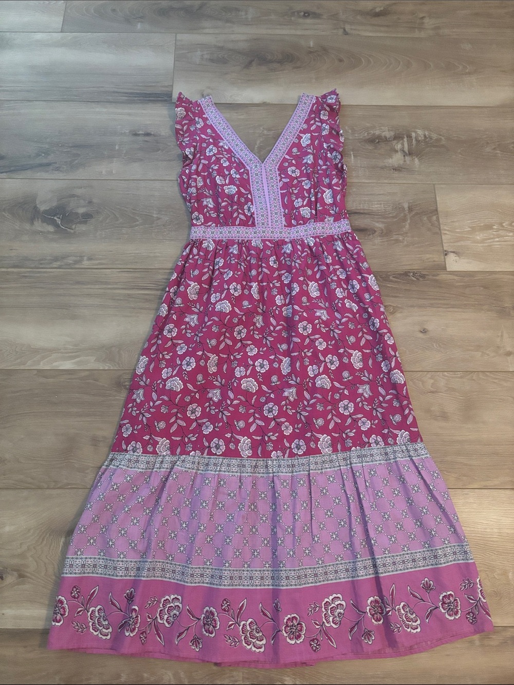 LOFT Pink Floral V-Neck Tiered Maxi Dress